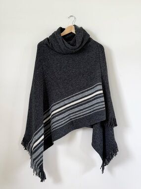 Roots Cabincore Francis Knit Poncho Sweater - Gray Stripe Cowl Neck Fringe OS